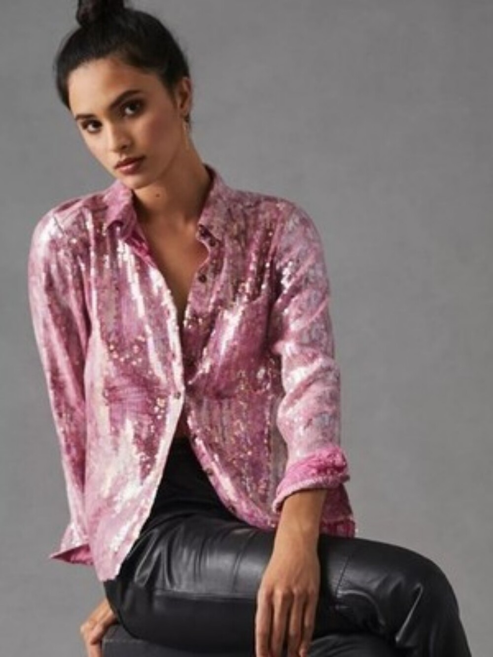 Pilcro Anthropologie Shrunken Pink Sequin Button Down Shirt ** Size X-Large